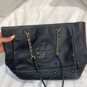 Tory Burch Fleming golden chain black leather tote bag